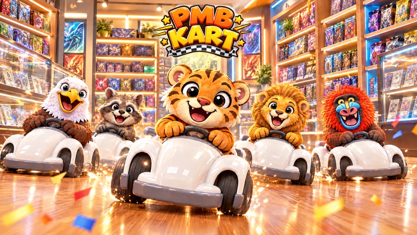 PMB KART 標誌下的宣傳插畫：白頭鷹、狸仔、老虎、獅子和狒狒駕駛白色卡丁車，置身明亮的卡牌店。